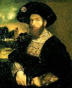 Dosso Dossi portratt av en man i svart barett oil on canvas